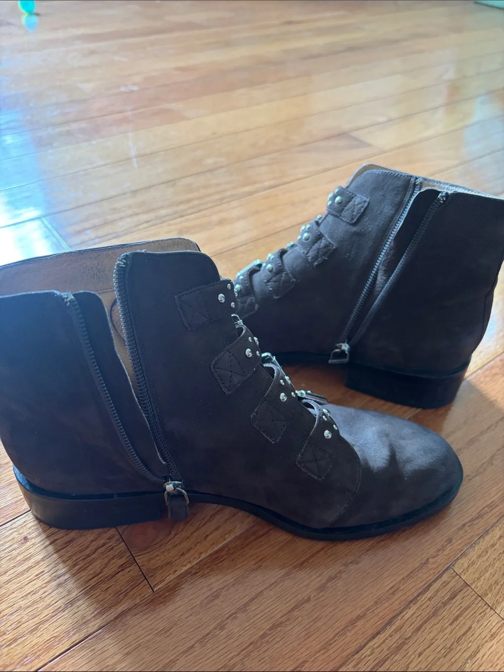 Halogen Dark Brown Buckle Stud Suede Ankle Boots